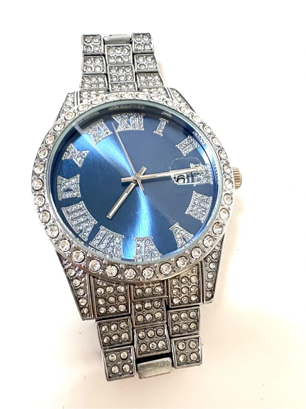 Iced Out Women’s Silver Rhinestone Watch Blue Face Roman Numeral + Extra Links